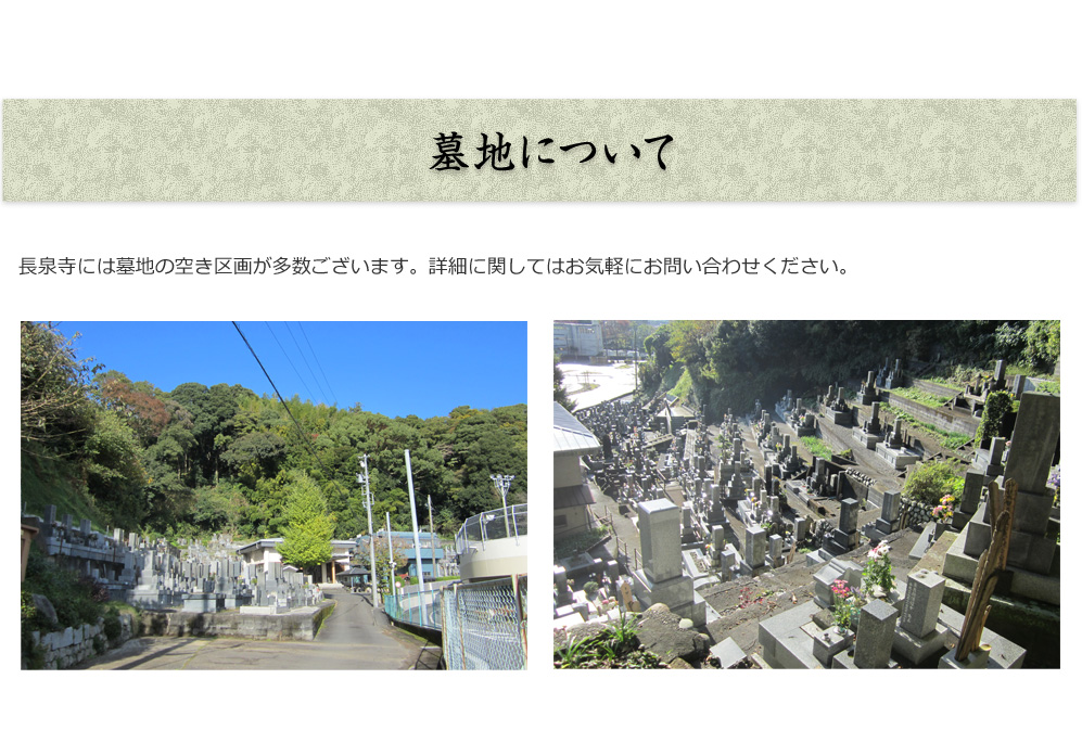 墓地について

長泉寺には墓地の空き区画が多数ございます。
詳細に関してはお気軽にお問い合わせください。

