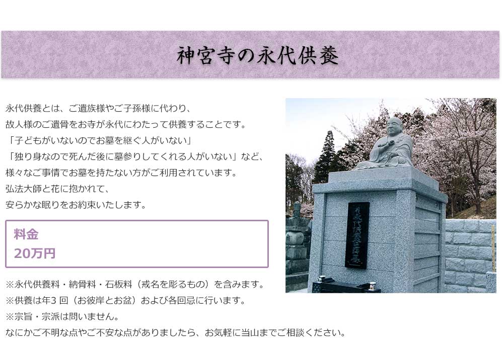 神宮寺の永代供養
        
永代供養とは、ご遺族様やご子孫様に代わり、
故人様のご遺骨をお寺が永代にわたって供養することです。
「子どもがいないのでお墓を継ぐ人がいない」
「独り身なので死んだ後に墓参りしてくれる人がいない」など、
様々なご事情でお墓を持たない方がご利用されています。
■料金
30 万円
※永代供養料・納骨料・石板料（戒名を彫るもの）を含みます。
※供養は年3 回（お彼岸とお盆）および各回忌に行います。
※宗旨・宗派は問いません。
なにかご不明な点やご不安な点がありましたら、お気軽に当山までご相談ください。
                
